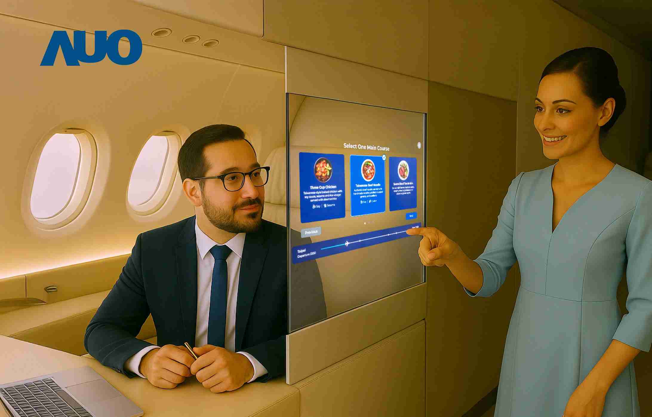 z6尊龙研发全球最薄17.3 吋双面透明 Micro LED 显示器，，，，可在同一屏幕之双边投射不同信息，，，创造独特的”透明化”互动；图为实时翻译交流应用情境